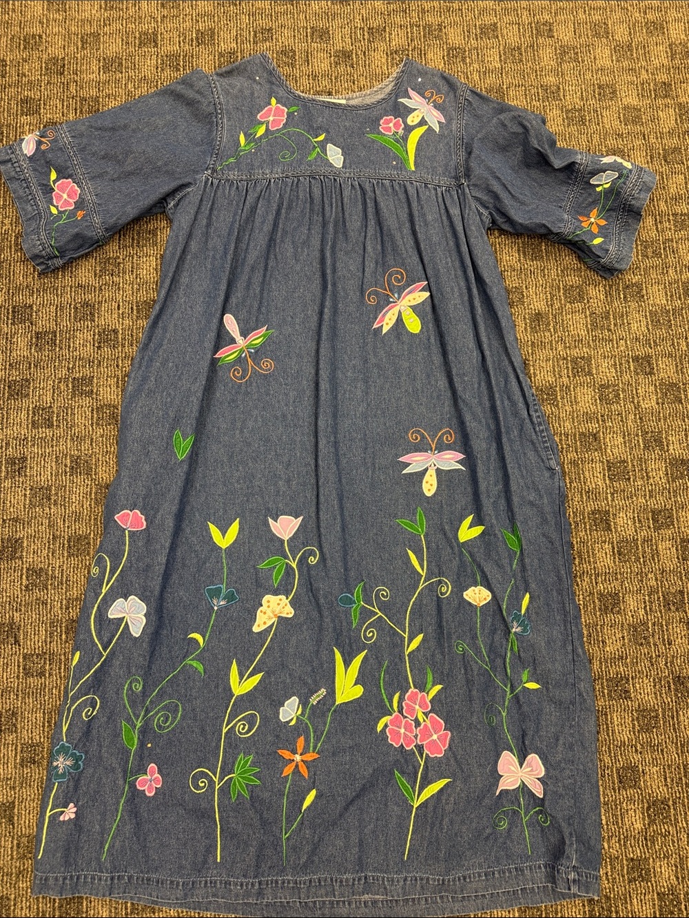 Vintage Y2K Quacker Factory Embroidered Chambray‎ Dress Large Cottagecore